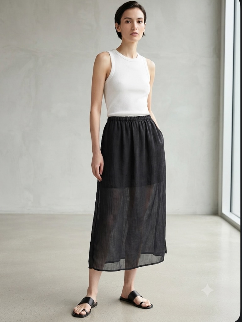 J.Crew Black 100% Cupro Sheer Overlay Midi Skirt Elastic Waist Size Small